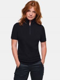 Schwarzes Damen Zip-Shirt aus Piqué mit figurbetonter Passform, kurzem Reißverschluss und elastischem Bund an Saum und Ärmeln